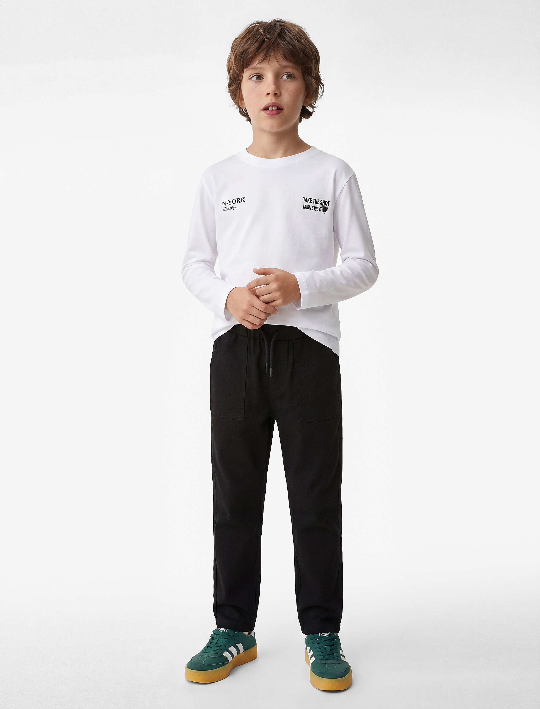  Erkek Çocuk Pamuklu Uzun Kollu Bisiklet Yaka Baskılı Oversize Tişört