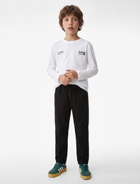 Pamuklu Uzun Kollu Bisiklet Yaka Baskılı Oversize Tişört