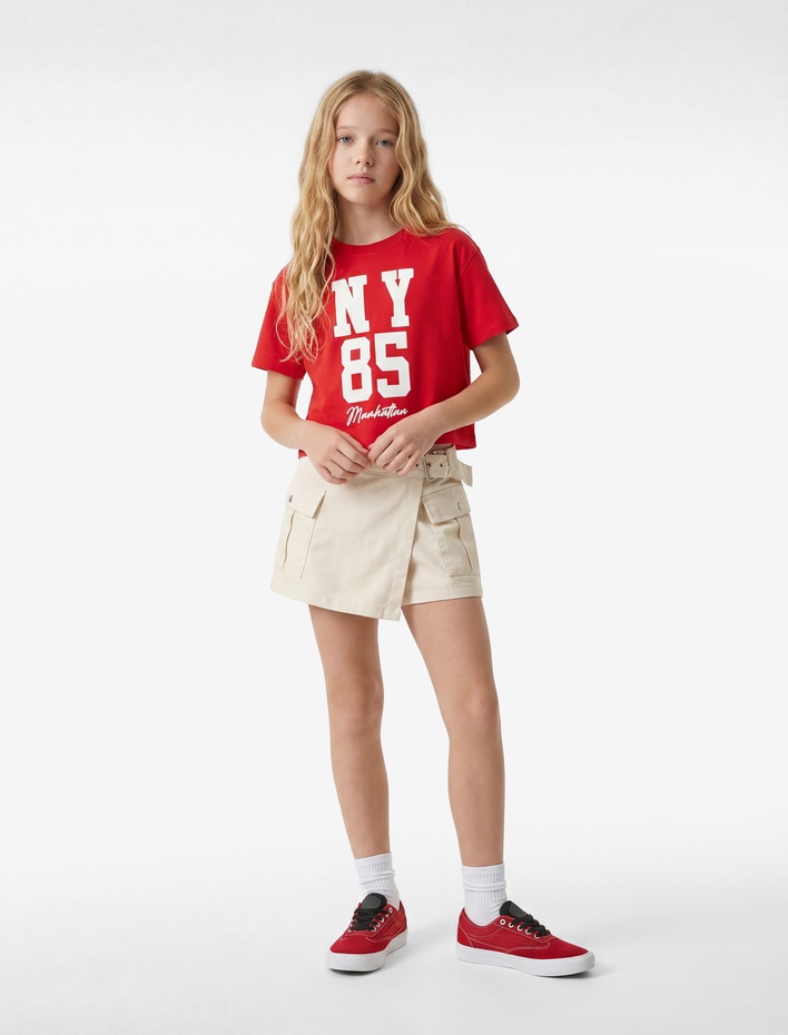 Kız Çocuk Kısa Kollu Bisiklet Yaka Pamuklu Baskılı Tişört