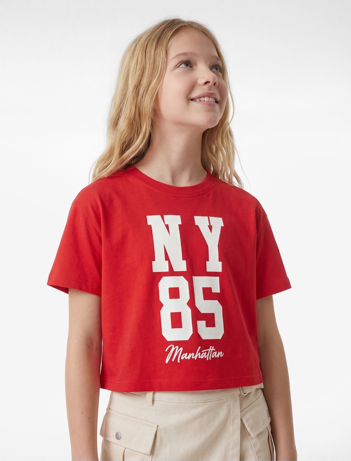 Kız Çocuk Kısa Kollu Bisiklet Yaka Pamuklu Baskılı Tişört