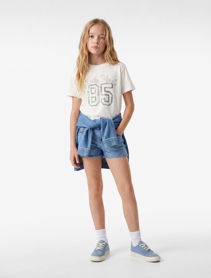 Kız Çocuk Pamuklu Kısa Kollu Bisiklet Yaka Baskılı Tişört