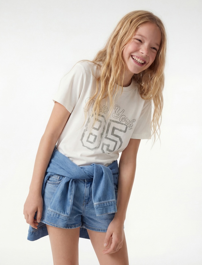 Kız Çocuk Pamuklu Kısa Kollu Bisiklet Yaka Baskılı Tişört