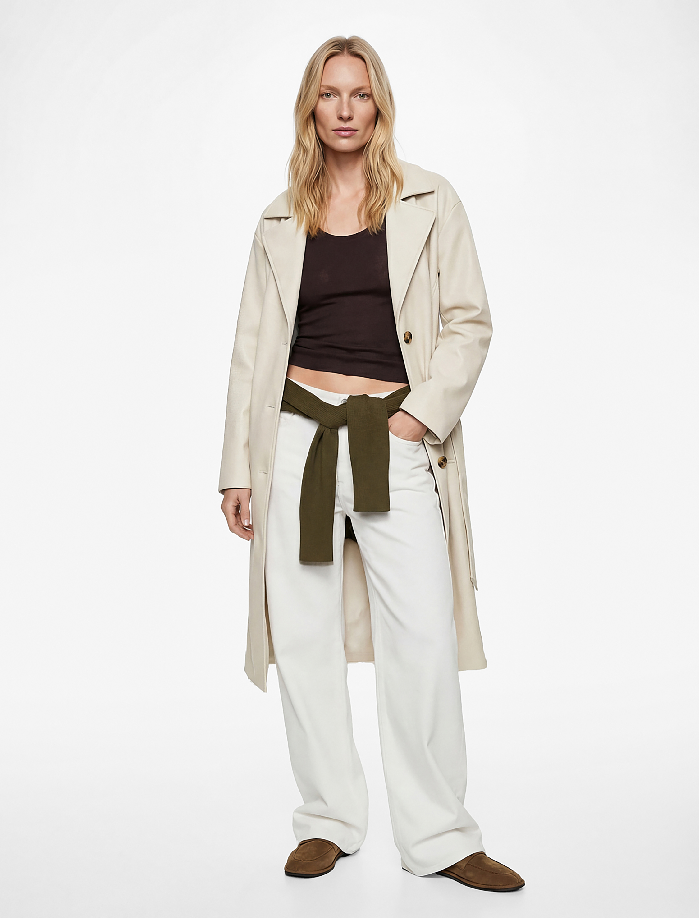   Uzun Kollu Cepli Kemerli Suni Deri Trençkot