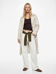 Uzun Kollu Cepli Kemerli Suni Deri Trençkot