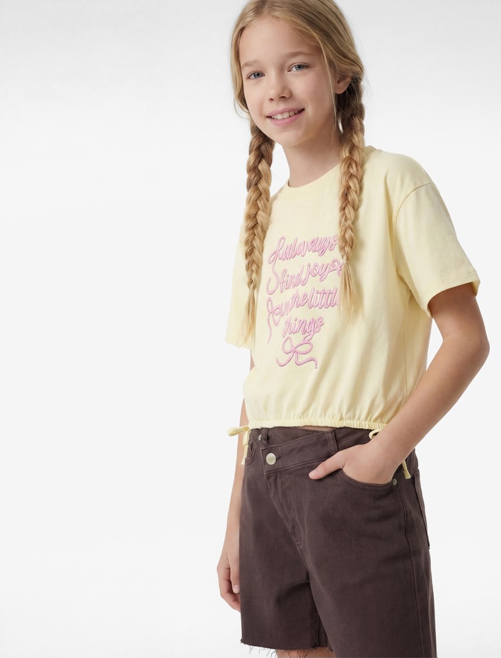 Kız Çocuk Kısa Kollu Bisiklet Yaka Baskılı Pamuklu Tişört