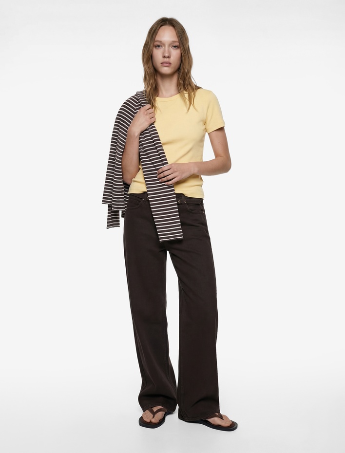  Pamuklu Yüksek Bel Kemerli Geniş Paça Pantolon - Wide Leg Jeans