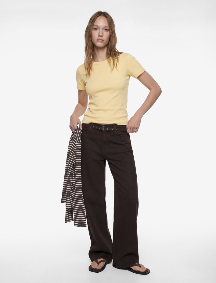  Pamuklu Yüksek Bel Kemerli Geniş Paça Pantolon - Wide Leg Jeans