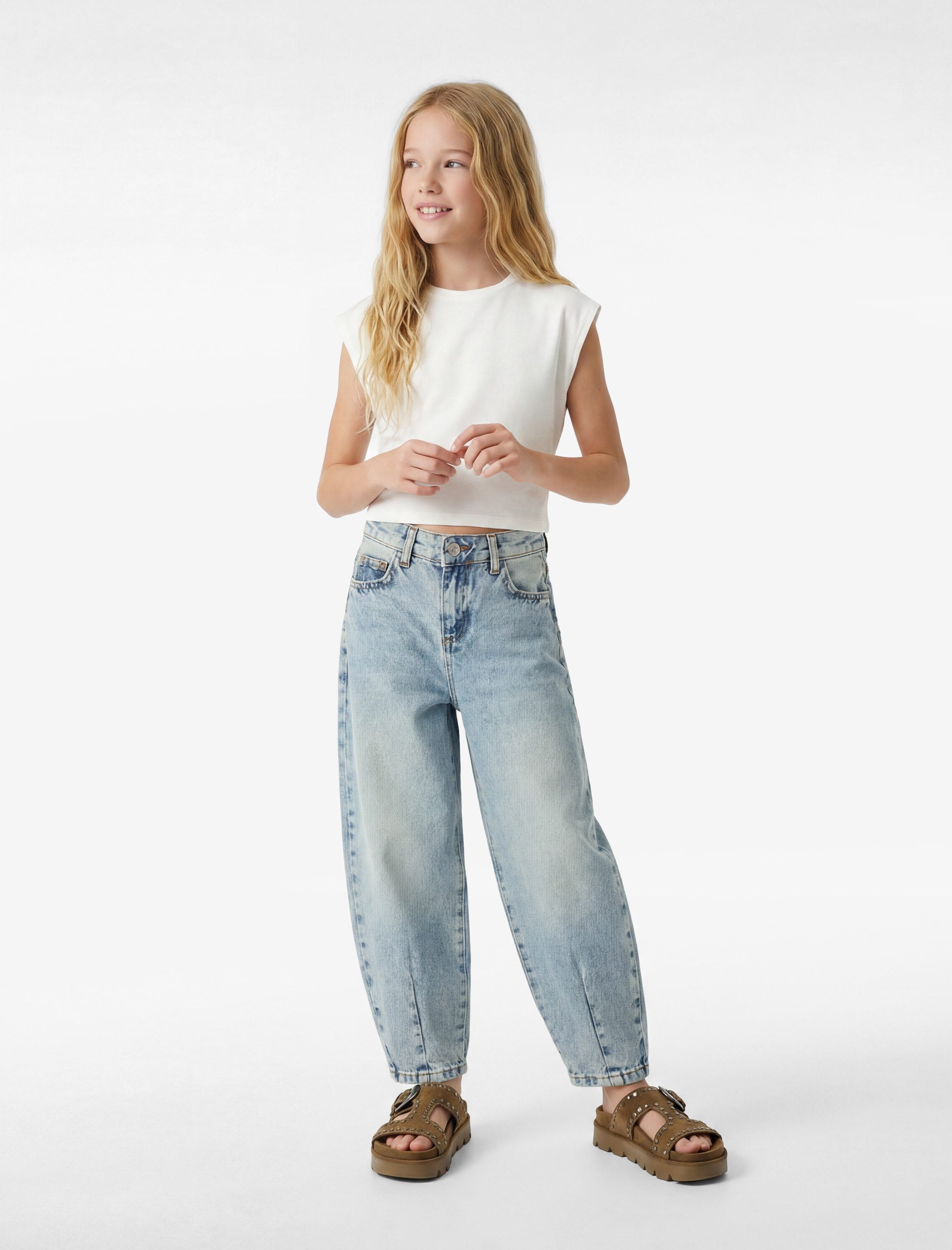  Kız Çocuk Pamuklu Balon Kesim Denim Pantolon