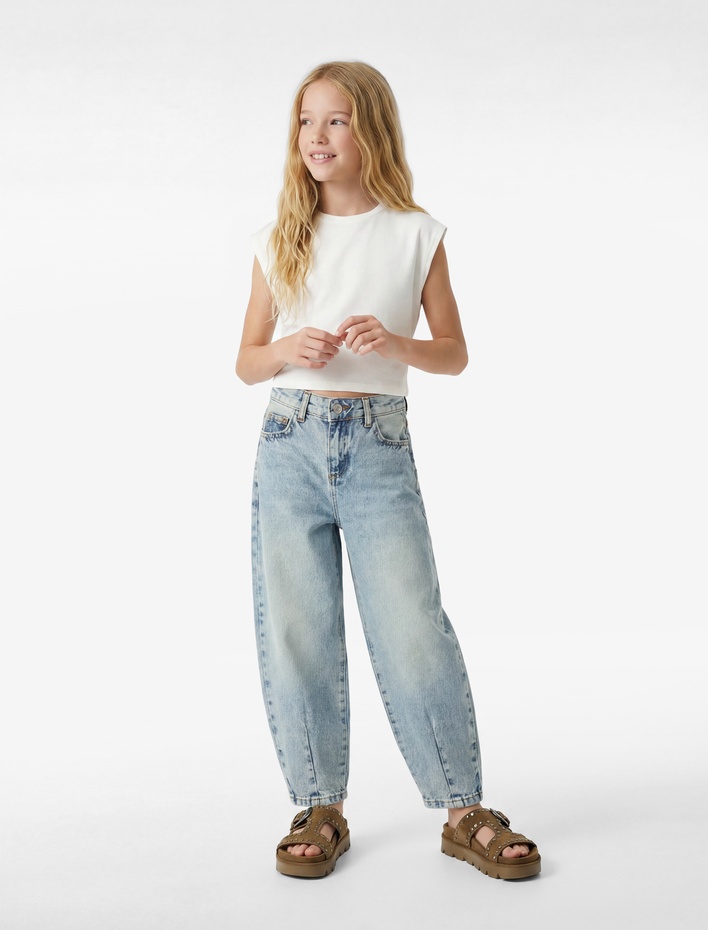 Kız Çocuk Pamuklu Balon Kesim Denim Pantolon