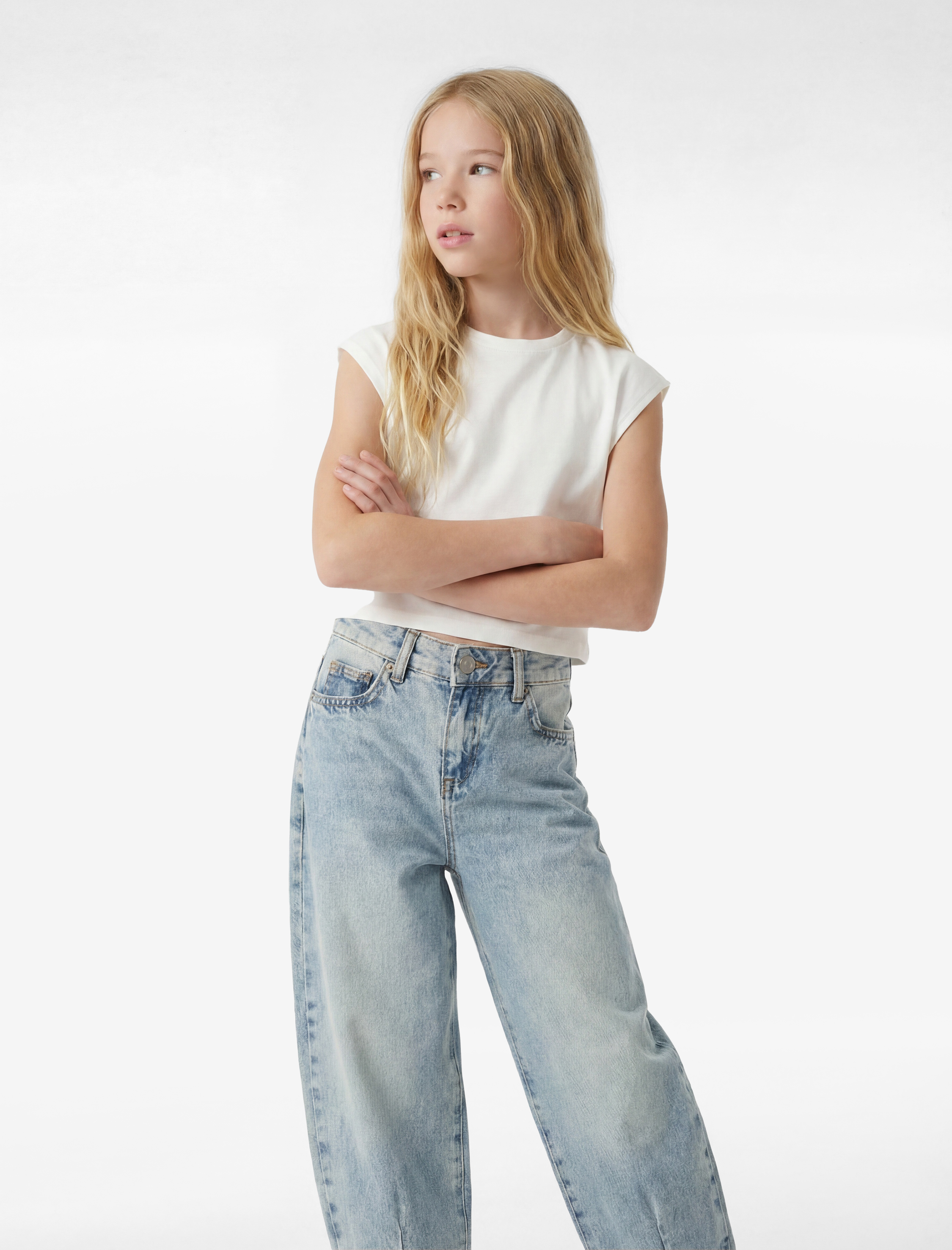  Kız Çocuk Pamuklu Balon Kesim Denim Pantolon