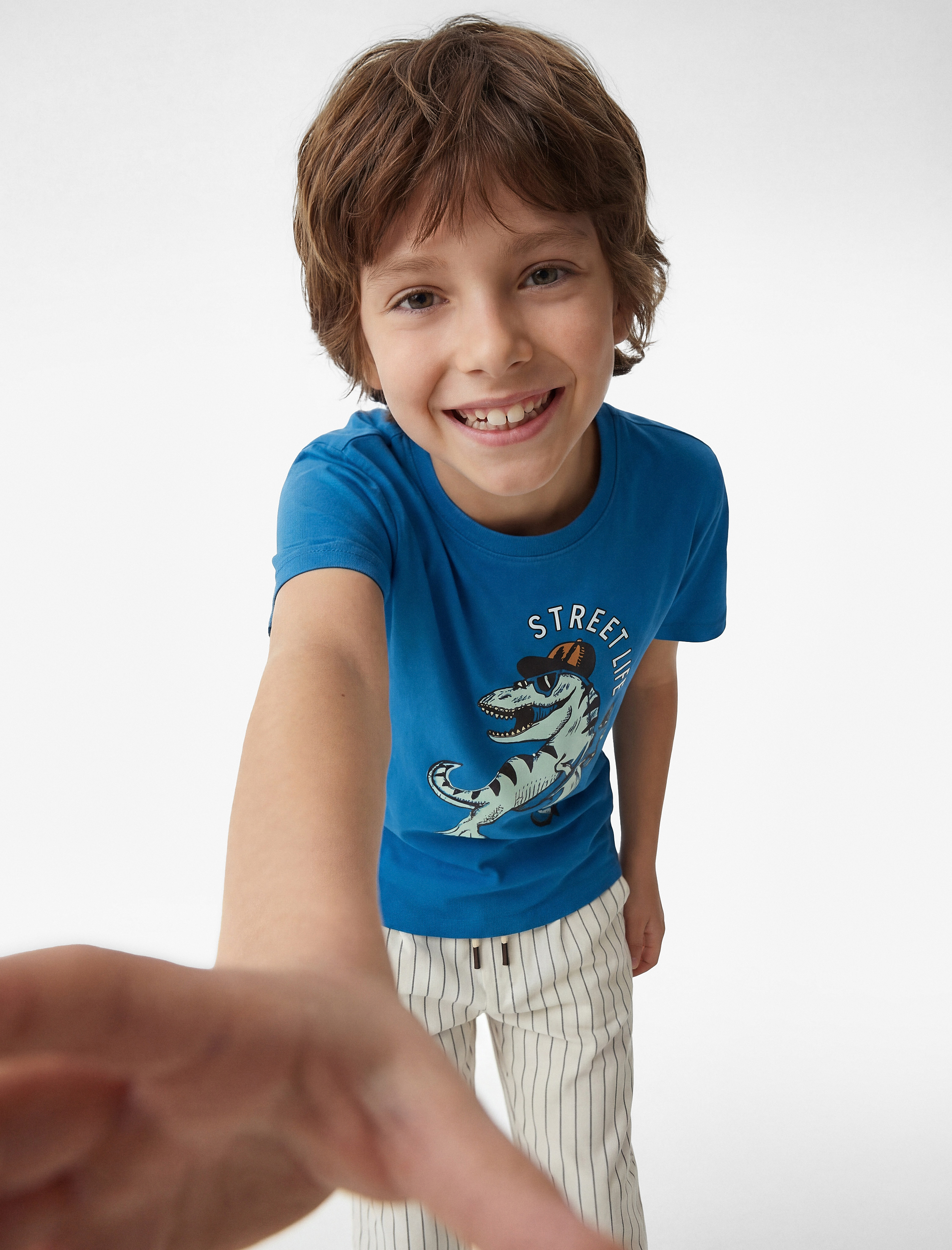  Erkek Çocuk Dinozor Baskılı Kısa Kollu Bisiklet Yaka Pamuklu Tişört
