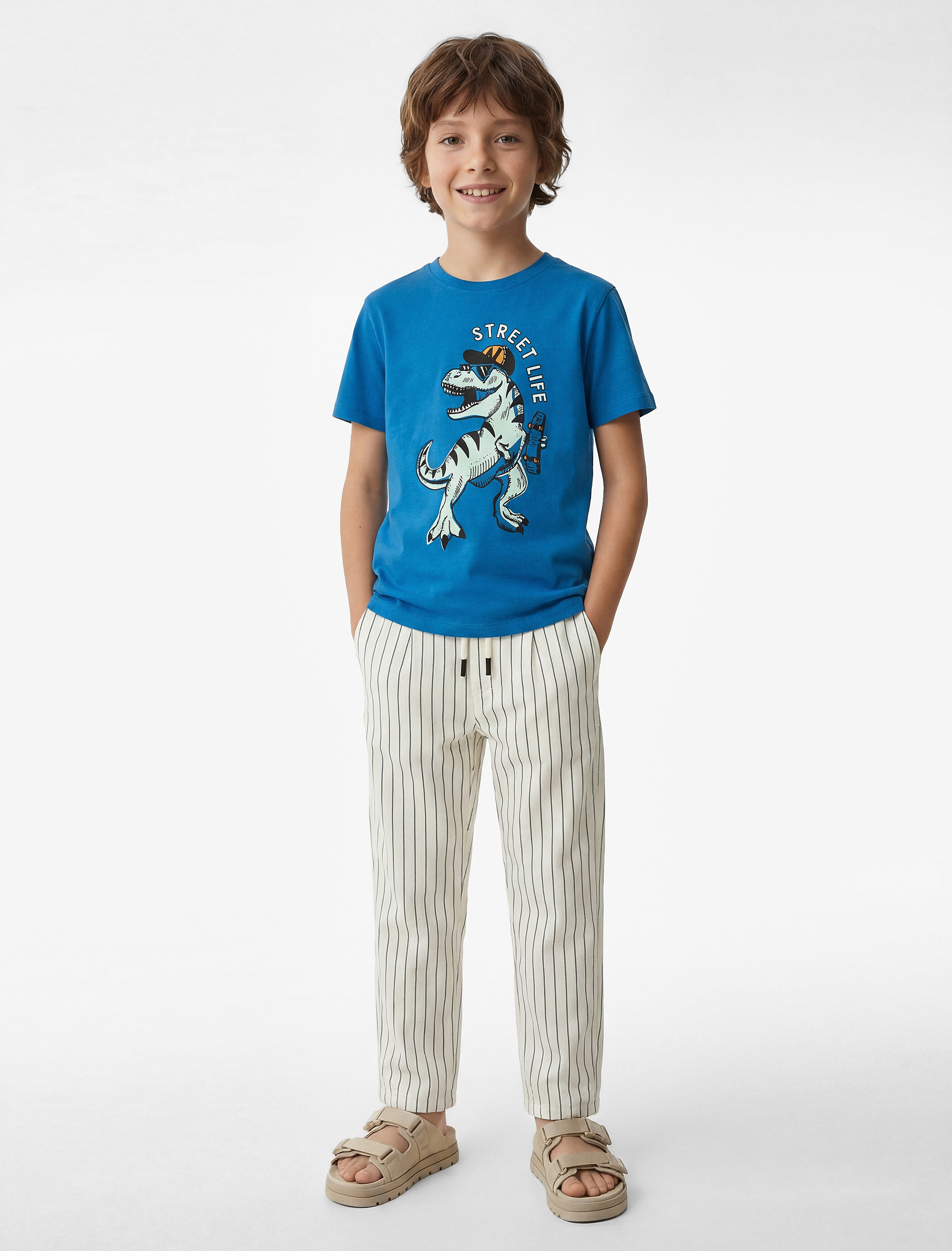  Erkek Çocuk Dinozor Baskılı Kısa Kollu Bisiklet Yaka Pamuklu Tişört