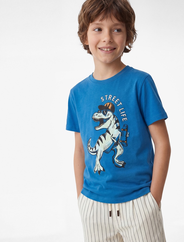 Erkek Çocuk Dinozor Baskılı Kısa Kollu Bisiklet Yaka Pamuklu Tişört