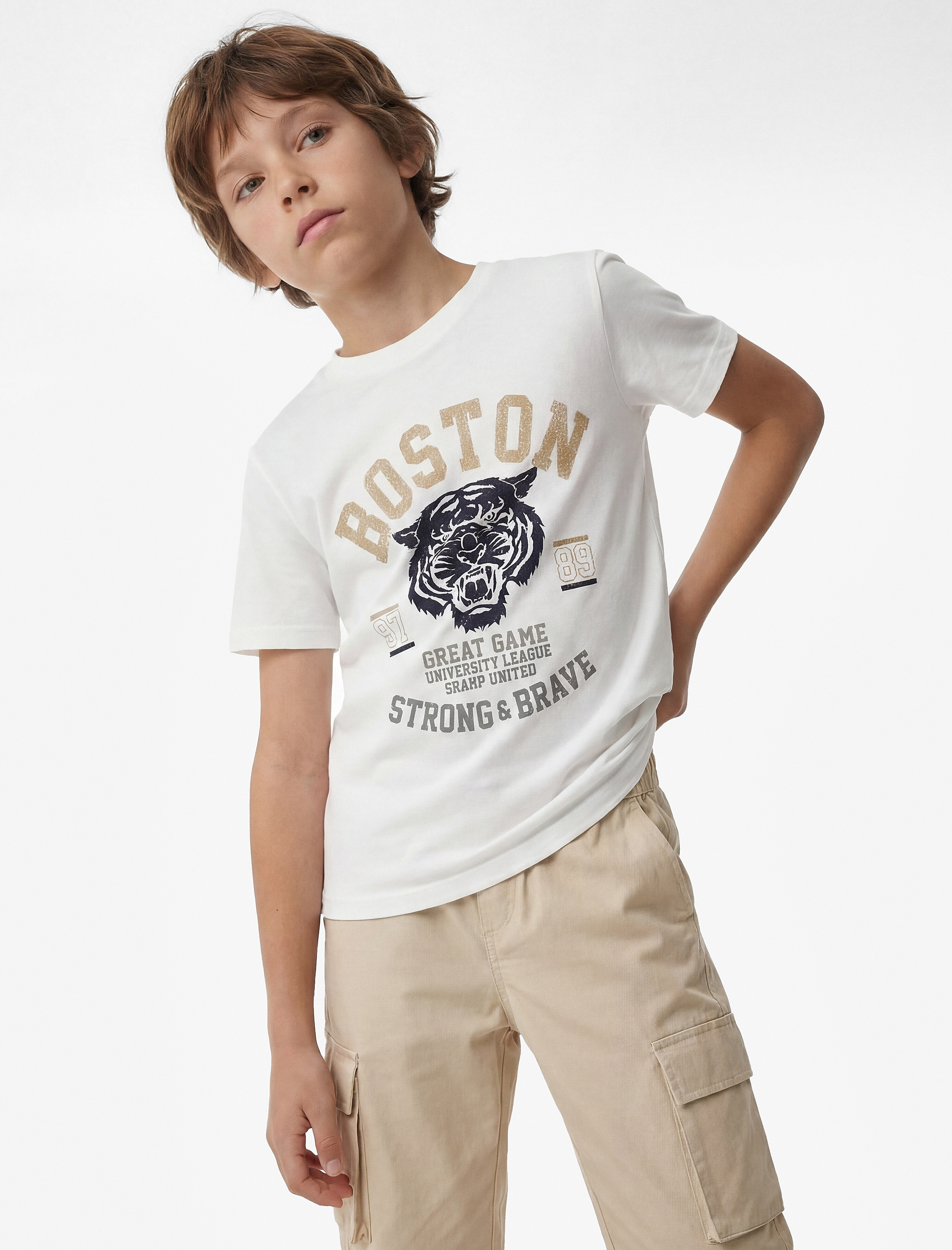  Erkek Çocuk Pamuklu Kısa Kollu Bisiklet Yaka Baskılı Tişört