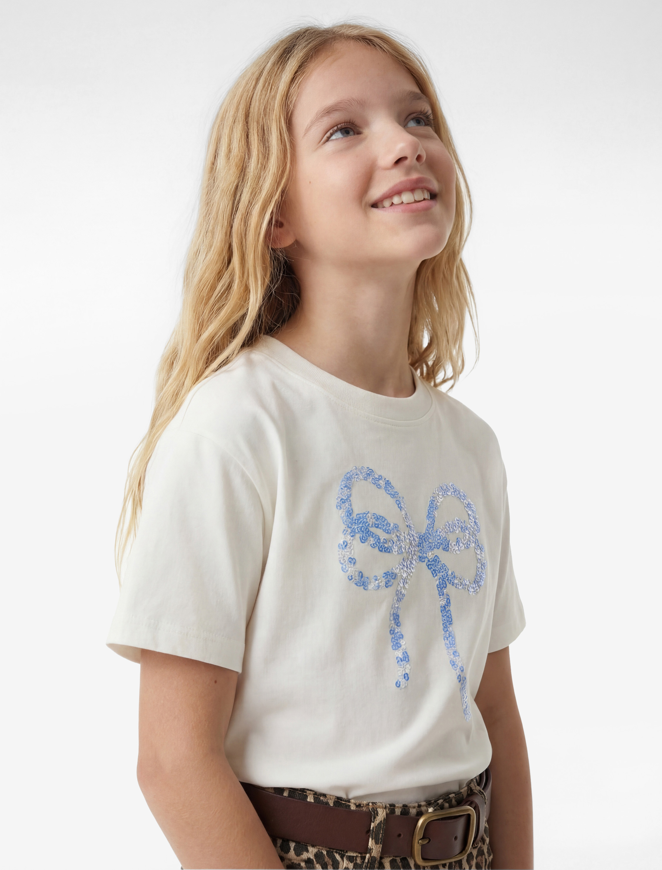  Kız Çocuk Pullu Payetli Fiyonk Baskılı Bisiklet Yaka Kısa Kollu Pamuklu Tişört