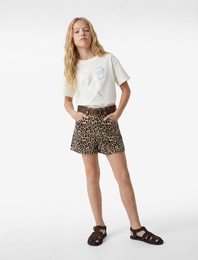 Pullu Payetli Fiyonk Baskılı Bisiklet Yaka Kısa Kollu Pamuklu Tişört