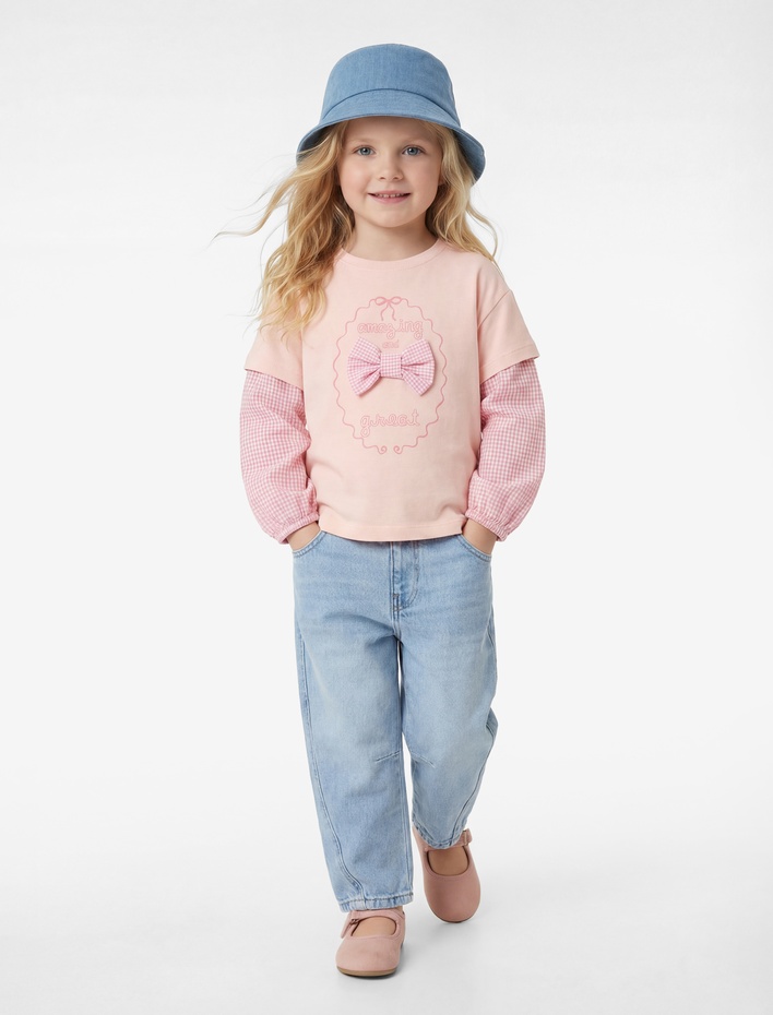 Kız Bebek Kısa Kollu Bisiklet Yaka Fiyonklu Pamuklu Tişört