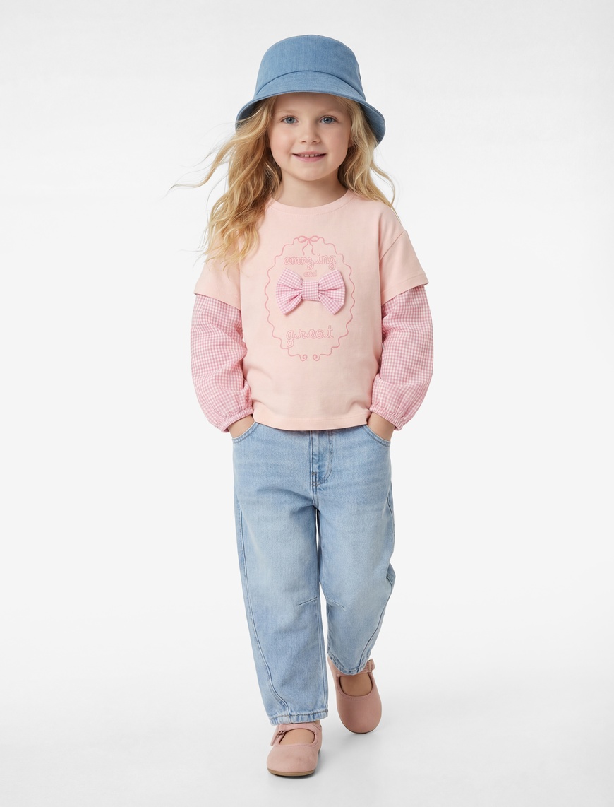 Koton Kız Bebek Kısa Kollu Bisiklet Yaka Fiyonklu Pamuklu T-Shirt