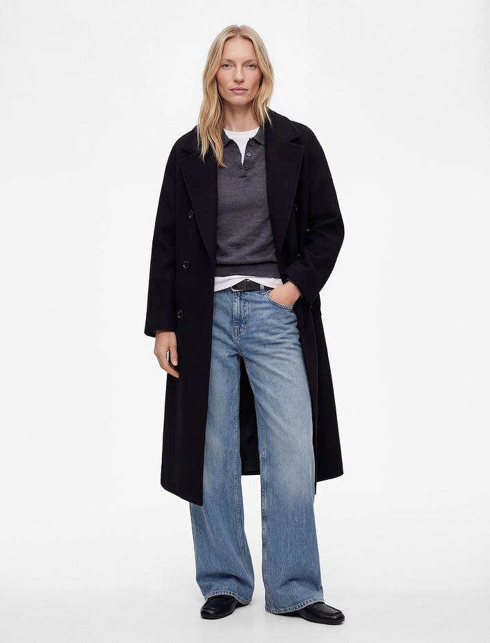  Uzun Kollu Düğmeli Kruvaze Kemerli Kaşe Kaban