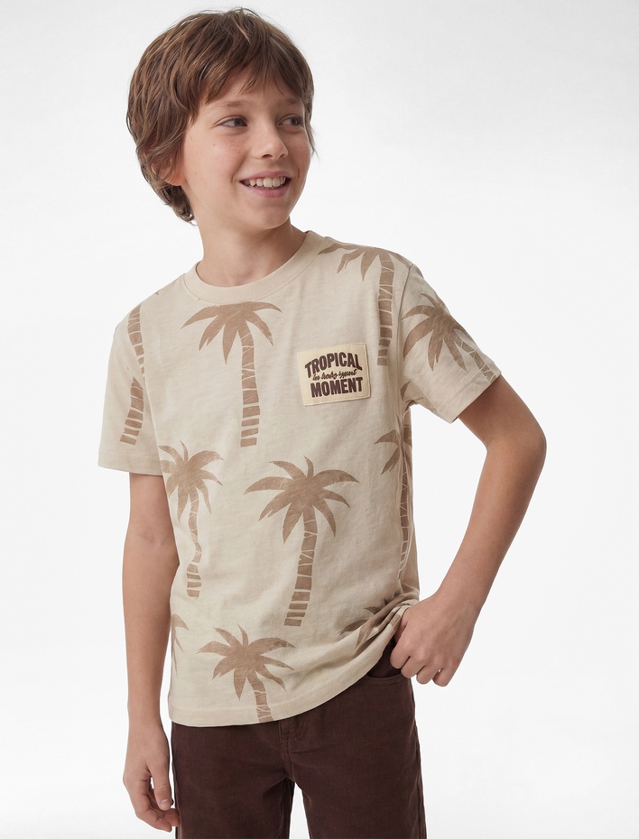 Erkek Çocuk Pamuklu Kısa Kollu Bisiklet Yaka Palmiye Baskılı Oversize Tişört