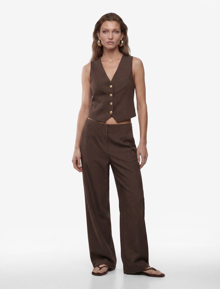  Dikiş Detaylı Yüksek Bel Geniş Paça Kumaş Pantolon