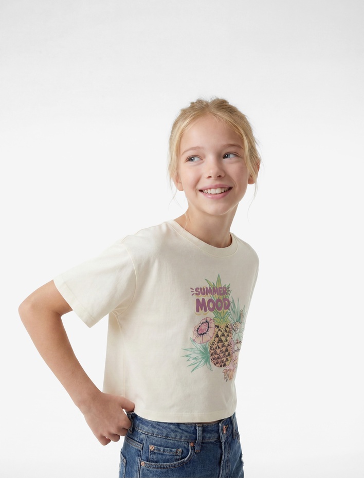 Kız Çocuk Baskılı Kısa Kollu Bisiklet Yaka Pullu Payetli Pamuklu Tişört