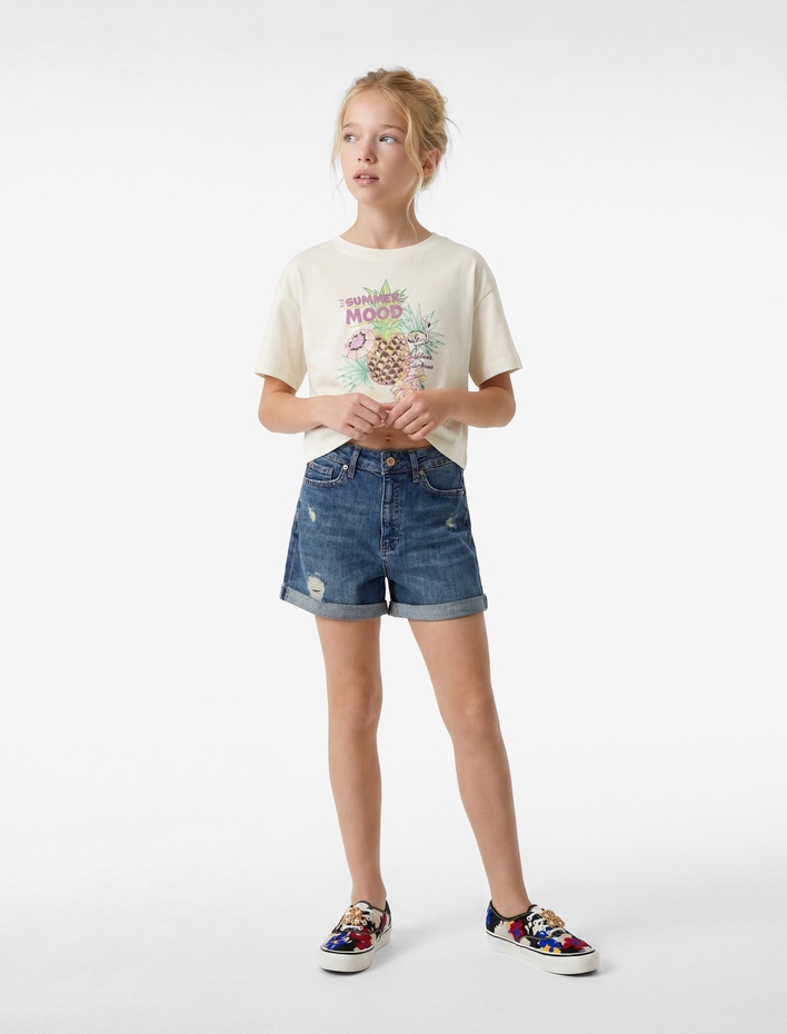 Kız Çocuk Baskılı Kısa Kollu Bisiklet Yaka Pullu Payetli Pamuklu Tişört