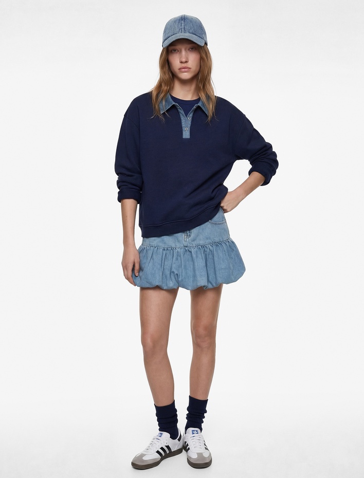  Düğmeli Uzun Kollu Rahat Kalıp Şardonlu Polo Yaka Sweatshirt