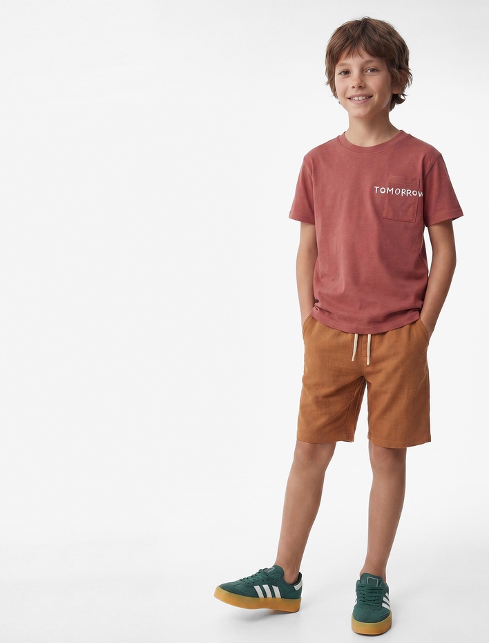 Erkek Çocuk Pamuklu Beli Bağcıklı Müslin Şort