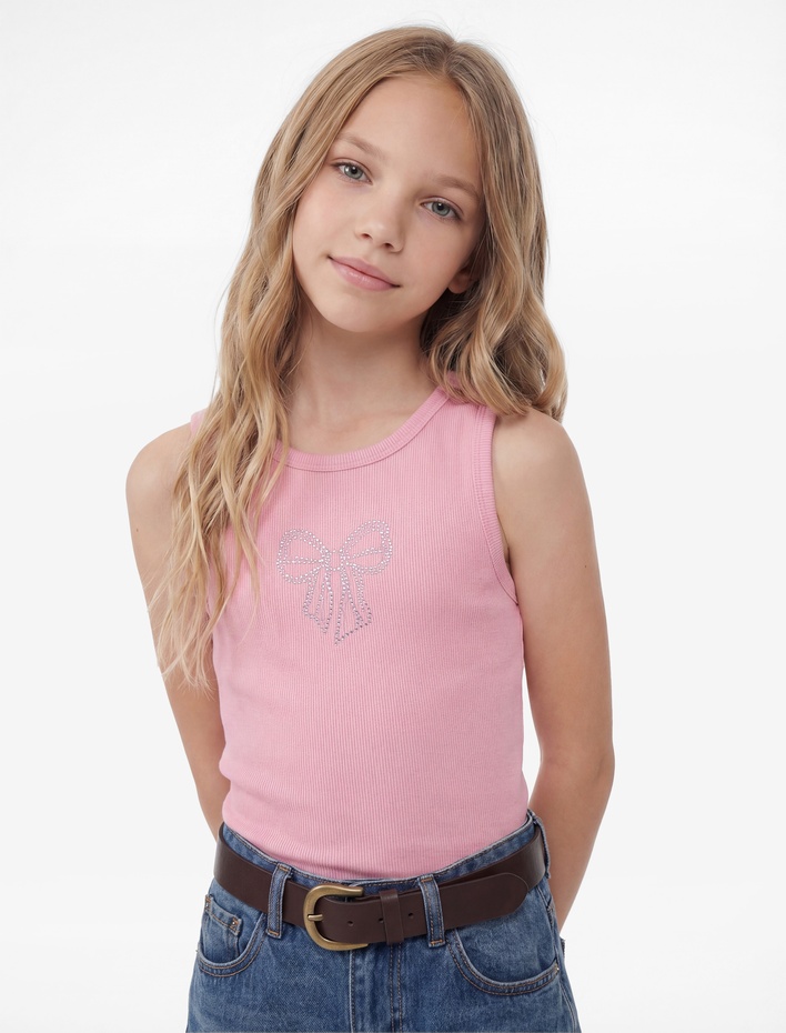 Kız Çocuk Fiyonk Baskılı Taş Detaylı Bisiklet Yaka Crop Atlet