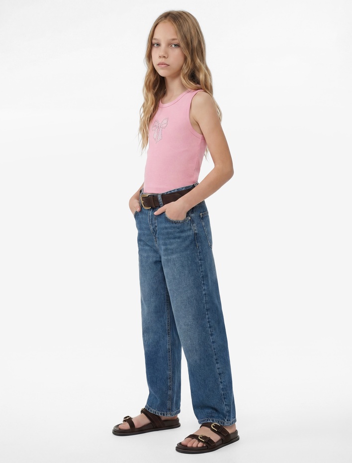 Kız Çocuk Fiyonk Baskılı Taş Detaylı Bisiklet Yaka Crop Atlet