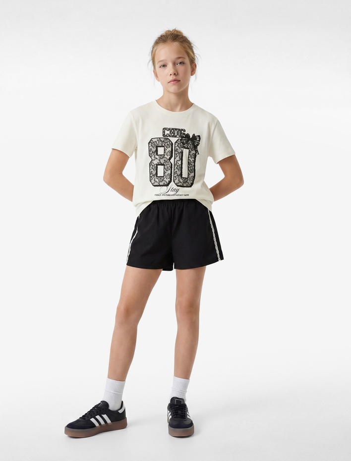 Kız Çocuk Baskılı Kısa Kollu Bisiklet Yaka Pamuklu Tişört