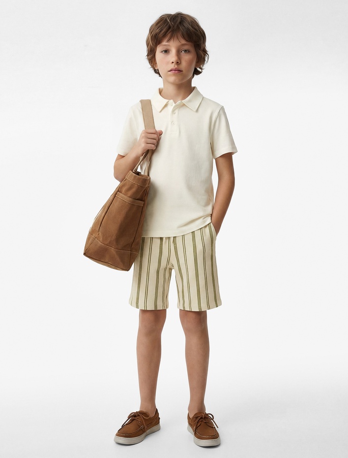 Erkek Çocuk Beli Bağcıklı Pamuklu Dokulu Çizgili  Şort