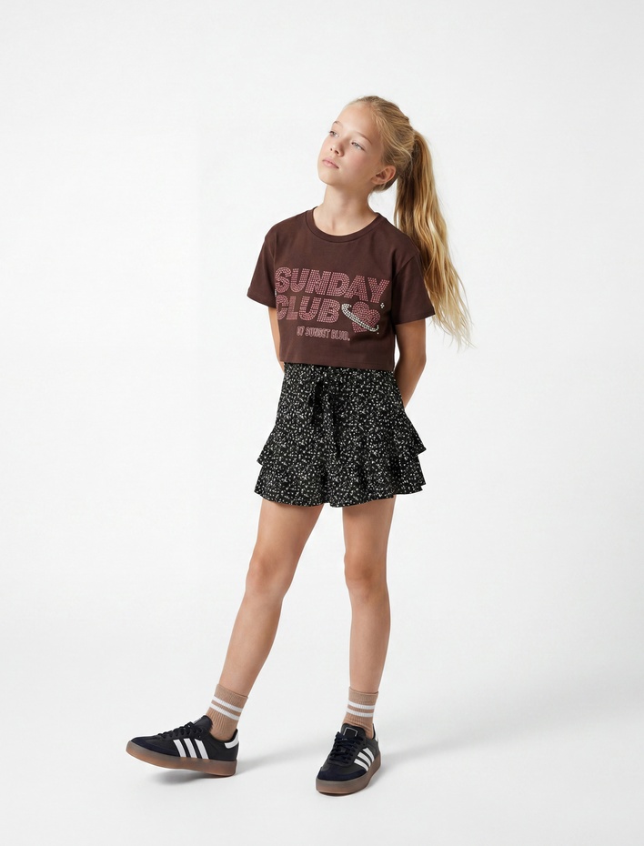 Kız Çocuk Baskılı Taş Detaylı Kısa Kollu Bisiklet Yaka Pamuklu Crop Tişört