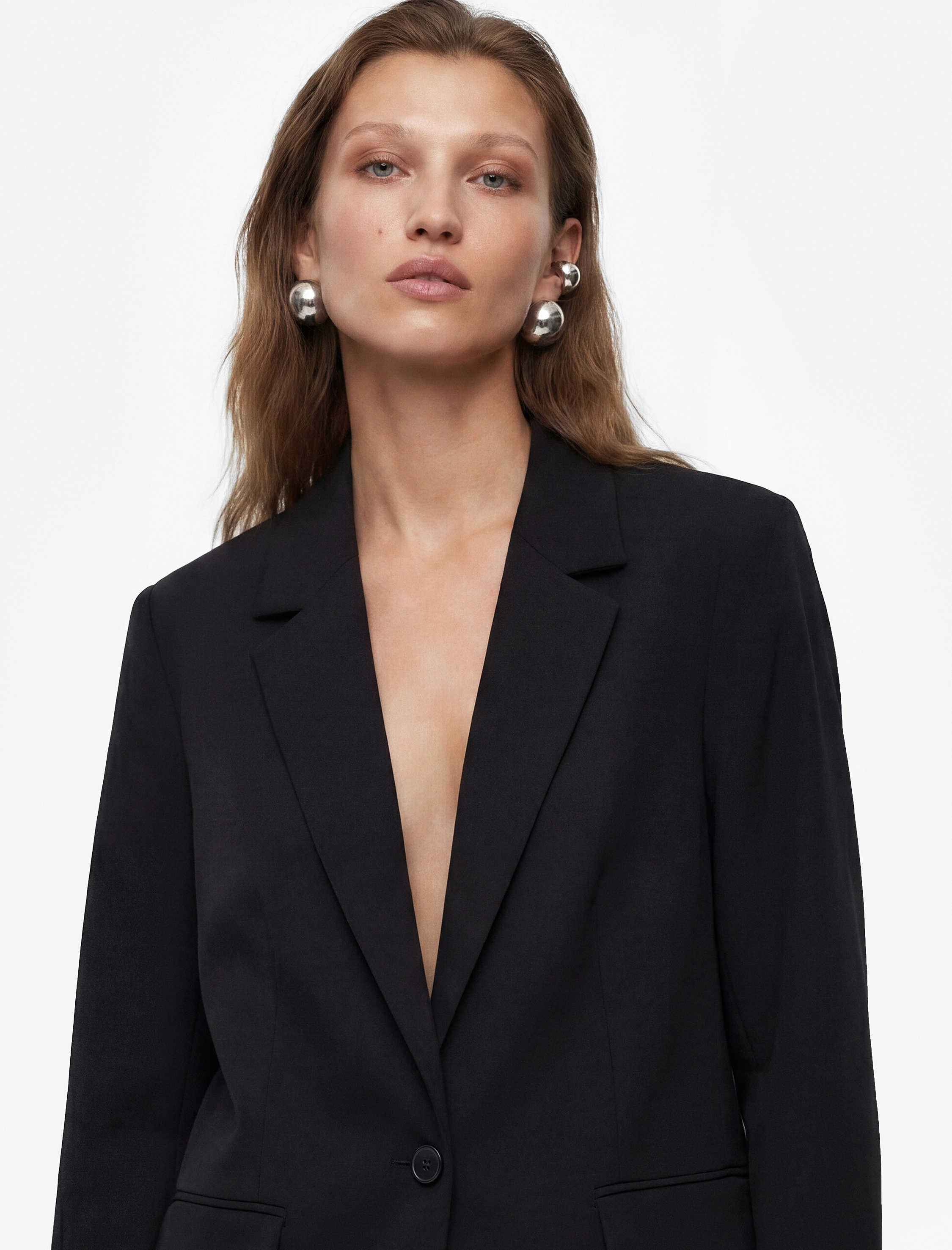   Slim Fit Uzun Kollu Düğmeli Cepli Geniş Yaka Blazer Ceket