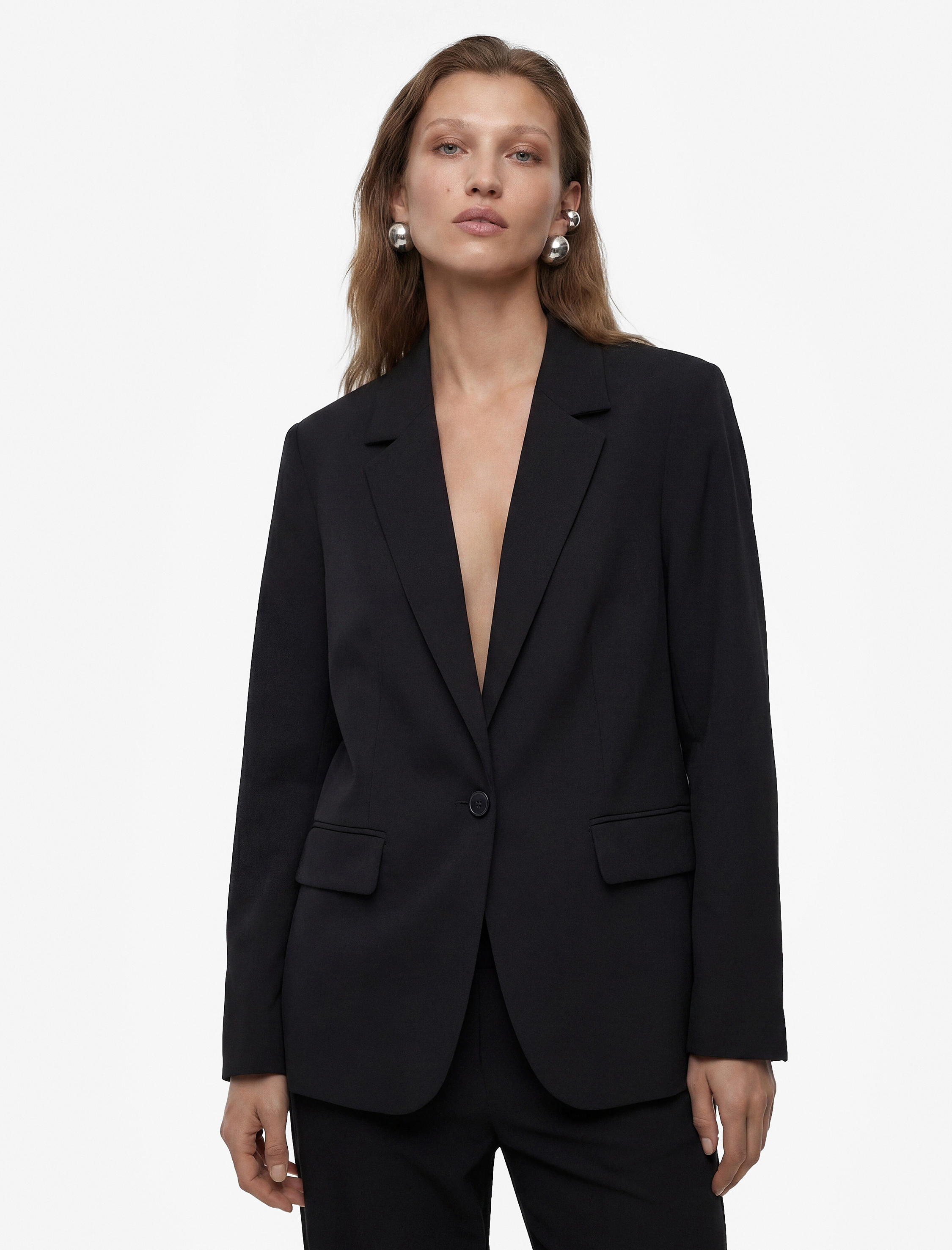   Slim Fit Uzun Kollu Düğmeli Cepli Geniş Yaka Blazer Ceket