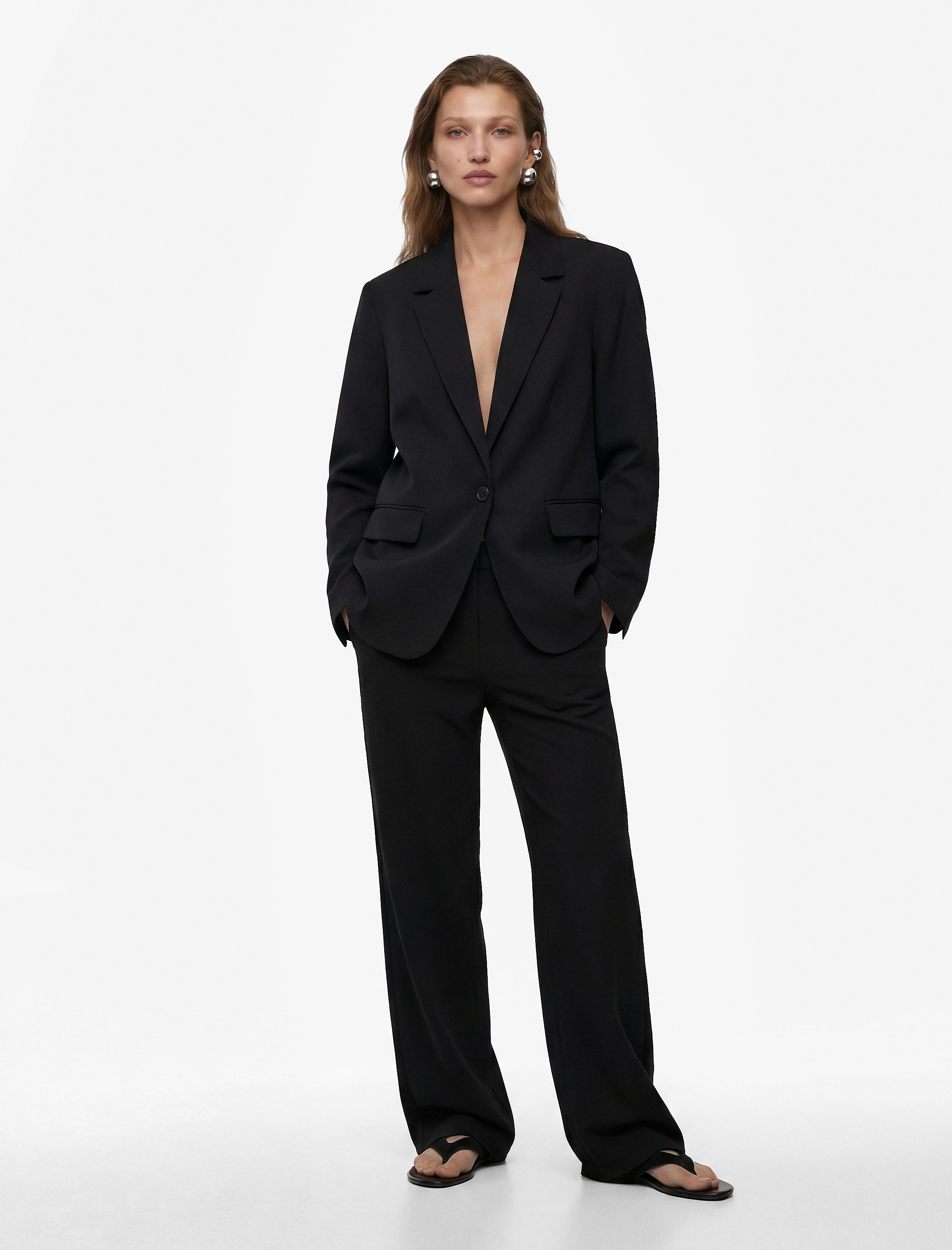   Slim Fit Uzun Kollu Düğmeli Cepli Geniş Yaka Blazer Ceket