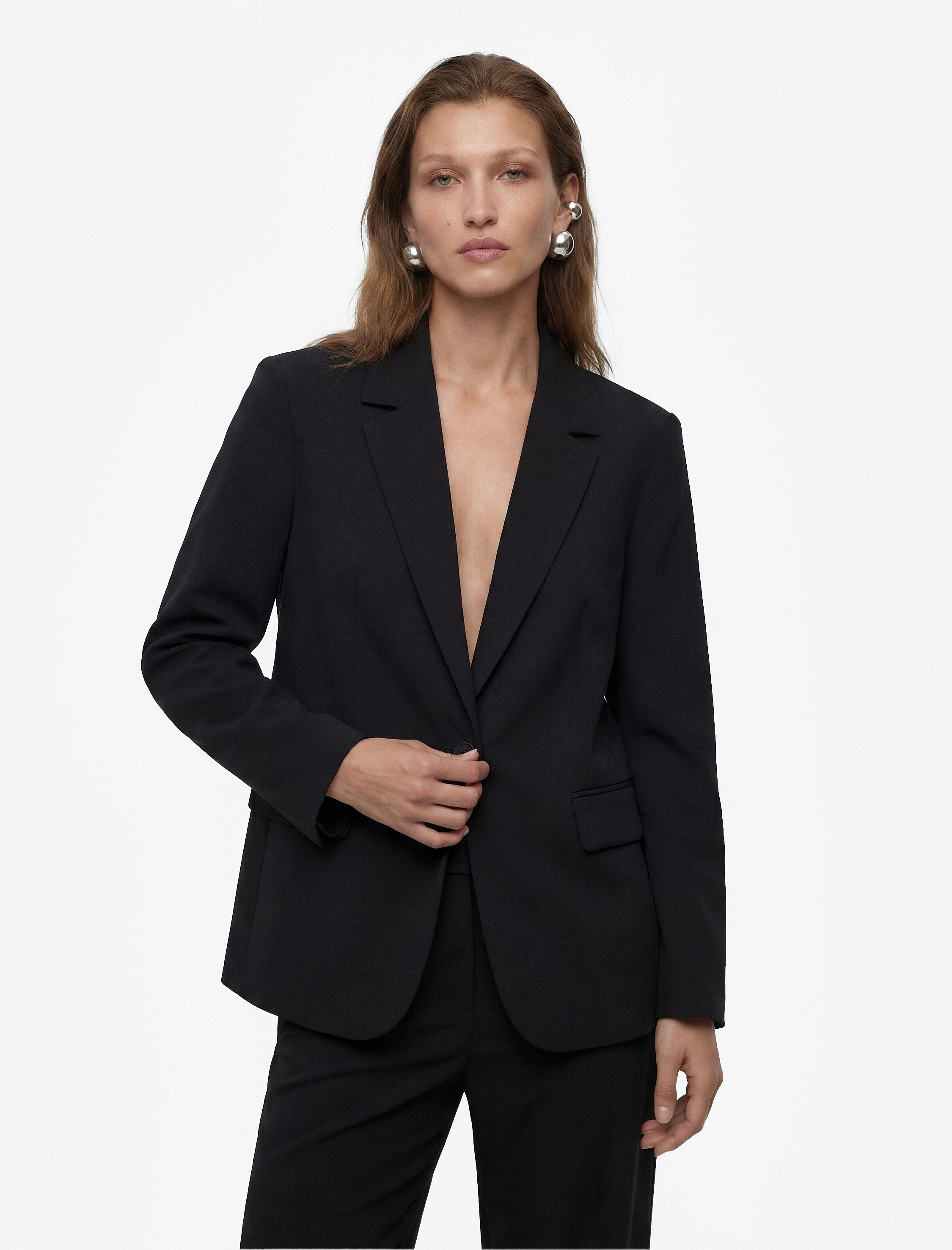   Slim Fit Uzun Kollu Düğmeli Cepli Geniş Yaka Blazer Ceket