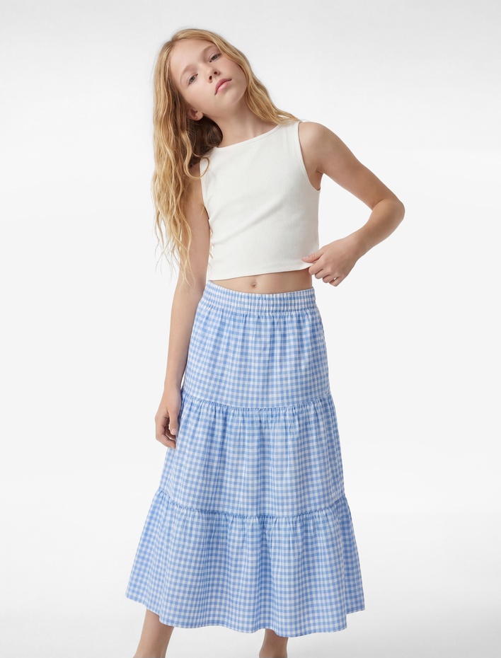 Kız Çocuk Beli Lastikli Kat Kat Pötikareli Diz Altı Etek