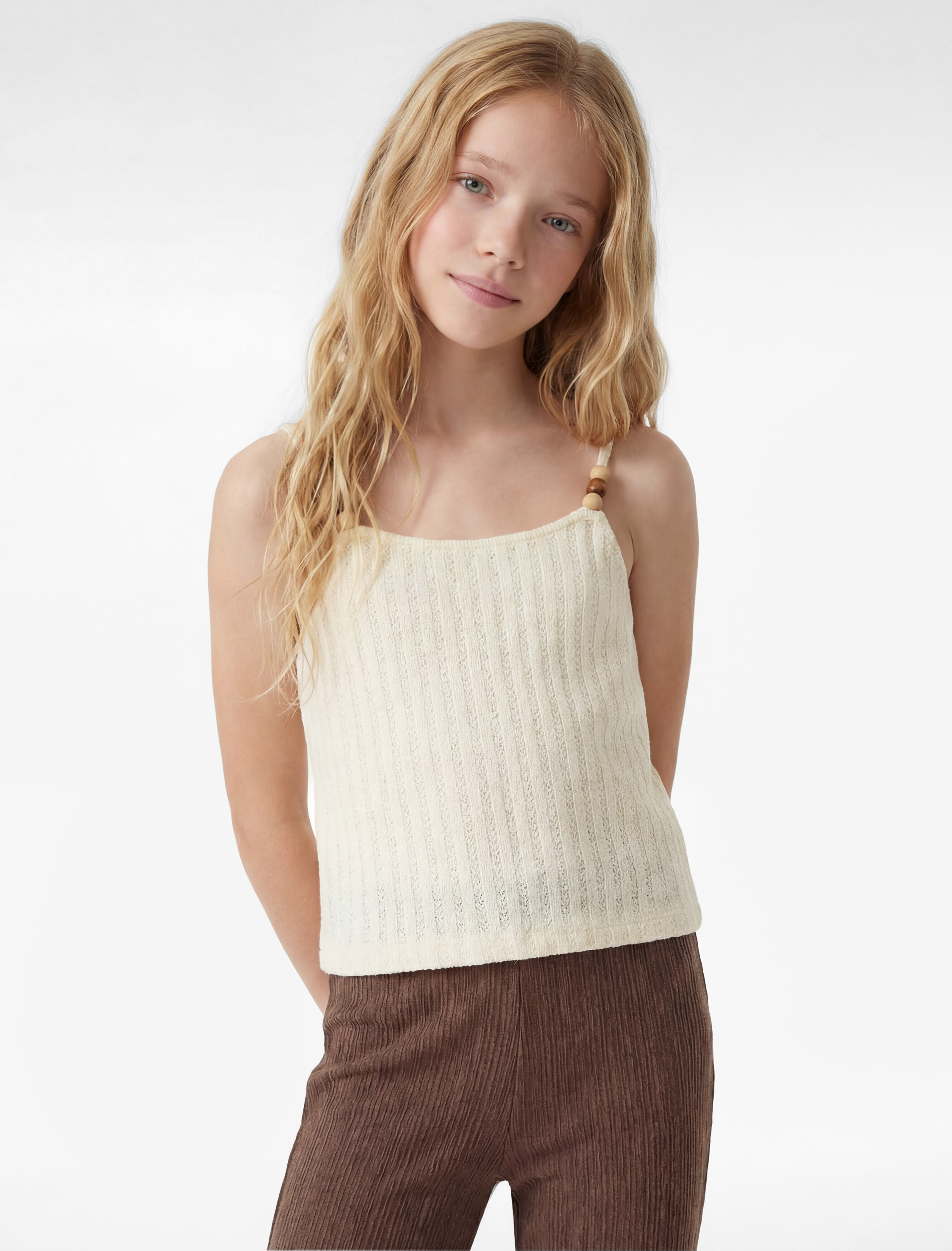  Kız Çocuk Boncuk Detaylı Kroşe Crop Askılı Bluz