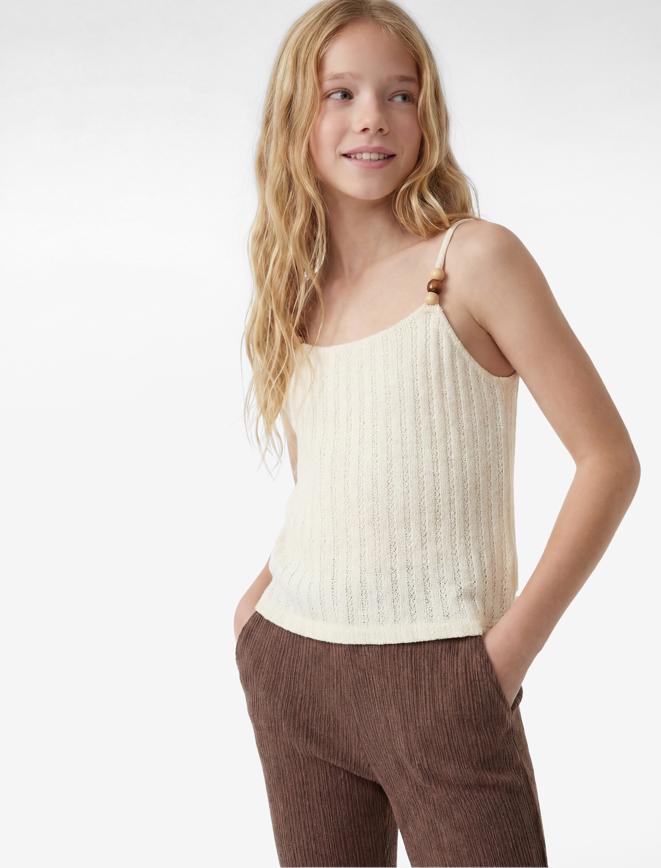 Kız Çocuk Boncuk Detaylı Kroşe Crop Askılı Bluz