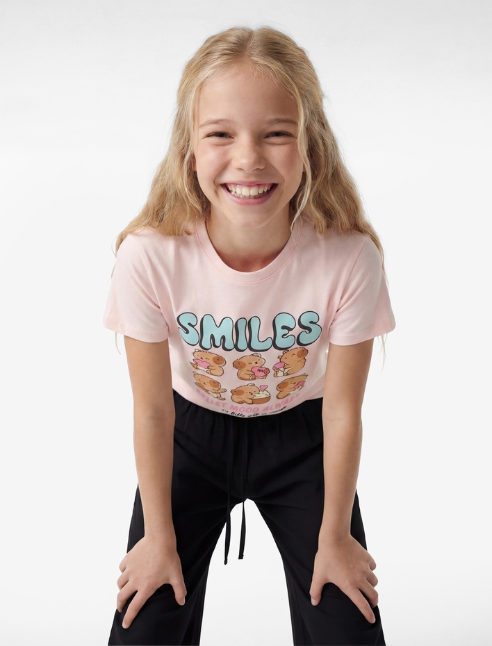 Kız Çocuk Pamuklu Kısa Kollu Bisiklet Yaka Hayvan Grafik Baskılı Tişört