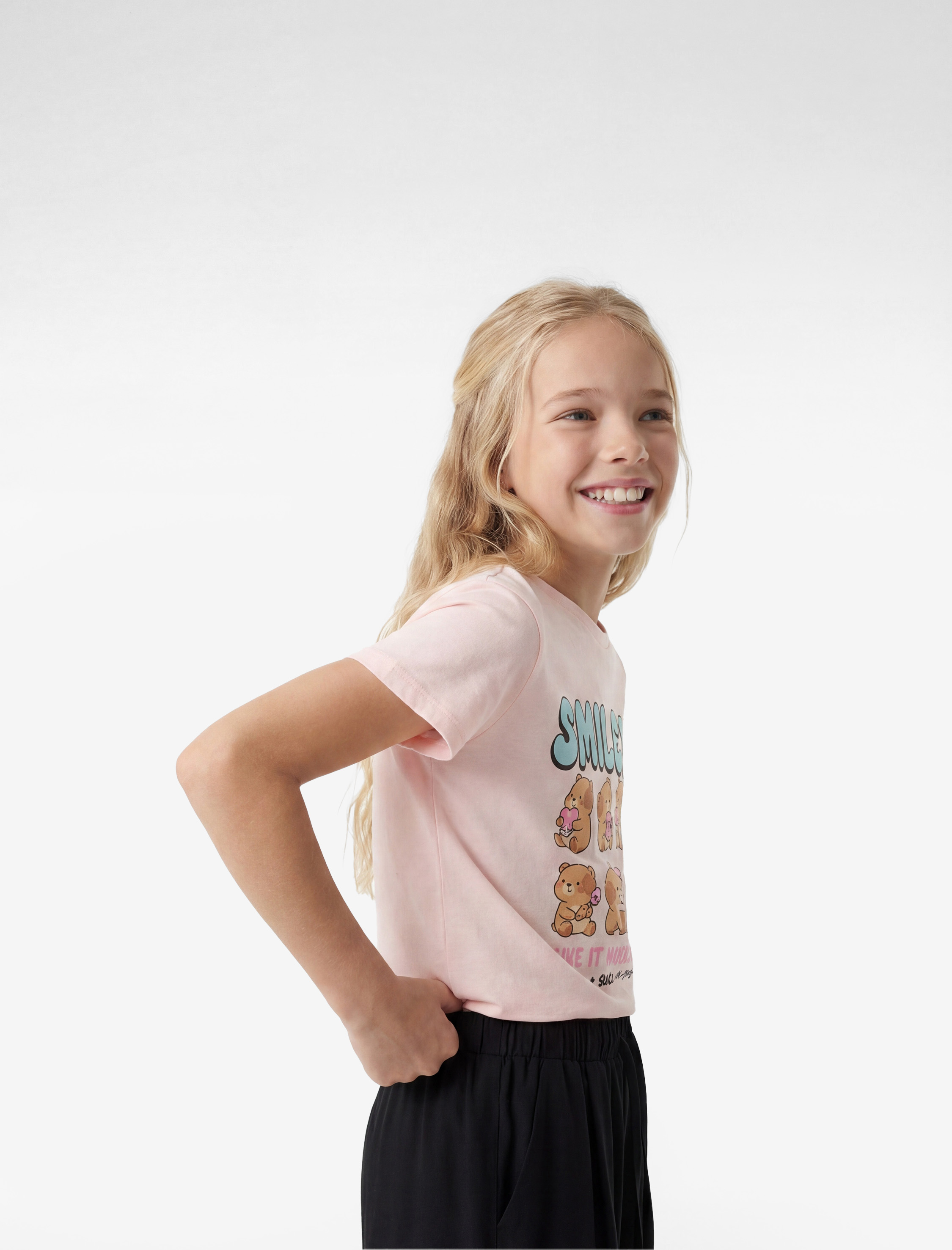  Kız Çocuk Pamuklu Kısa Kollu Bisiklet Yaka Hayvan Grafik Baskılı Tişört