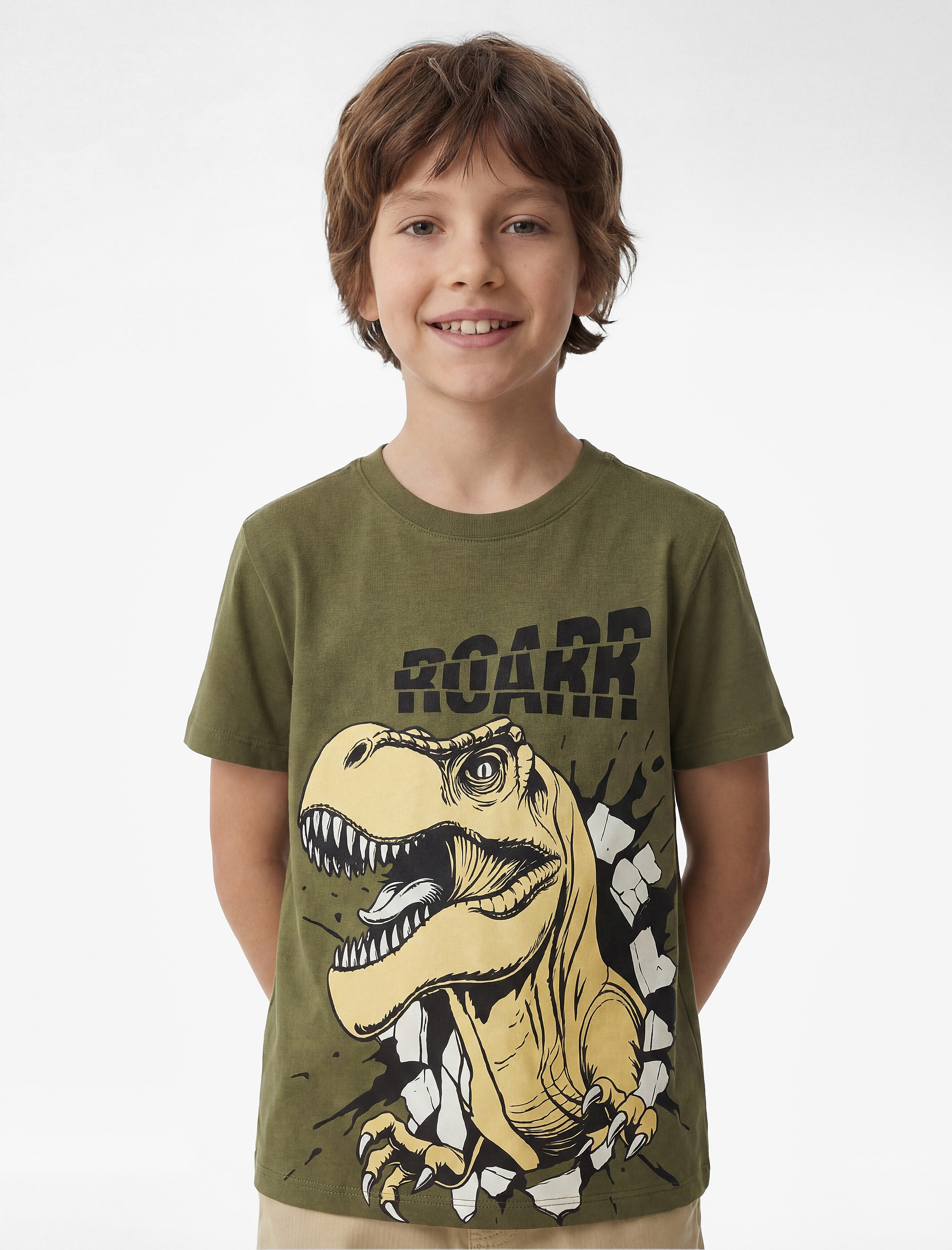 Yeşil Erkek Çocuk Kısa Kollu Bisiklet Yaka Pamuklu Dinozor Baskılı