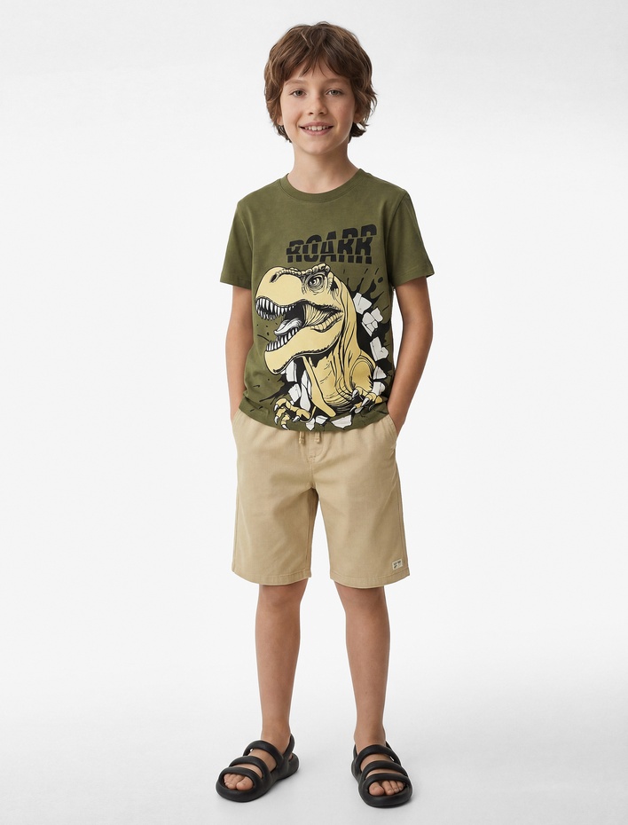 Erkek Çocuk Kısa Kollu Bisiklet Yaka Pamuklu Dinozor Baskılı Tişört