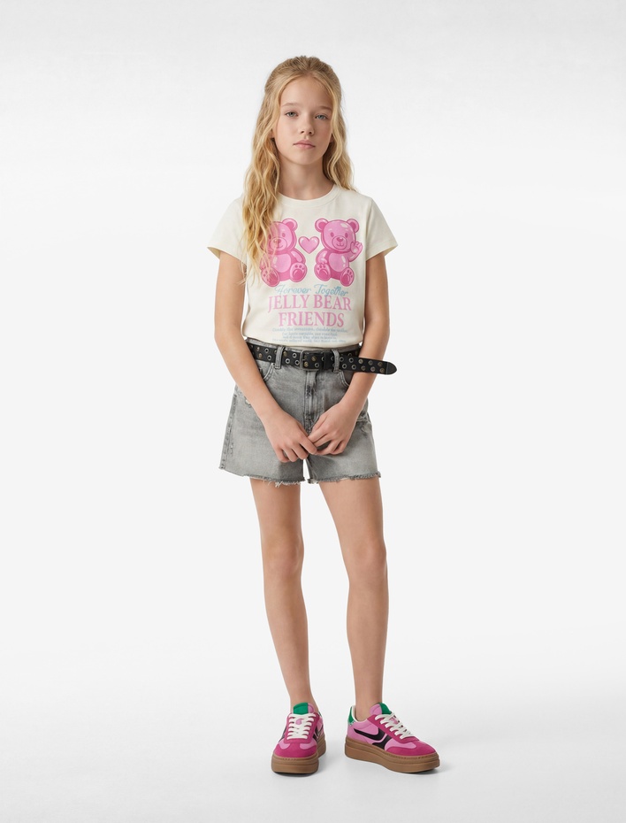Kız Çocuk Pamuklu Kısa Kollu Bisiklet Yaka Ayıcık Baskılı Tişört
