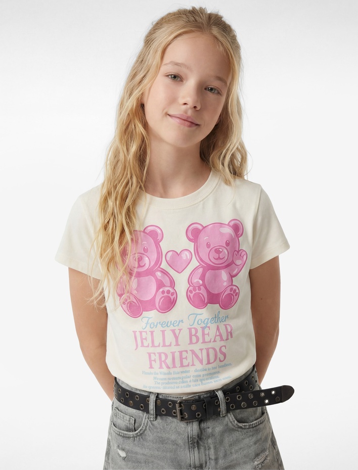 Kız Çocuk Pamuklu Kısa Kollu Bisiklet Yaka Ayıcık Baskılı Tişört