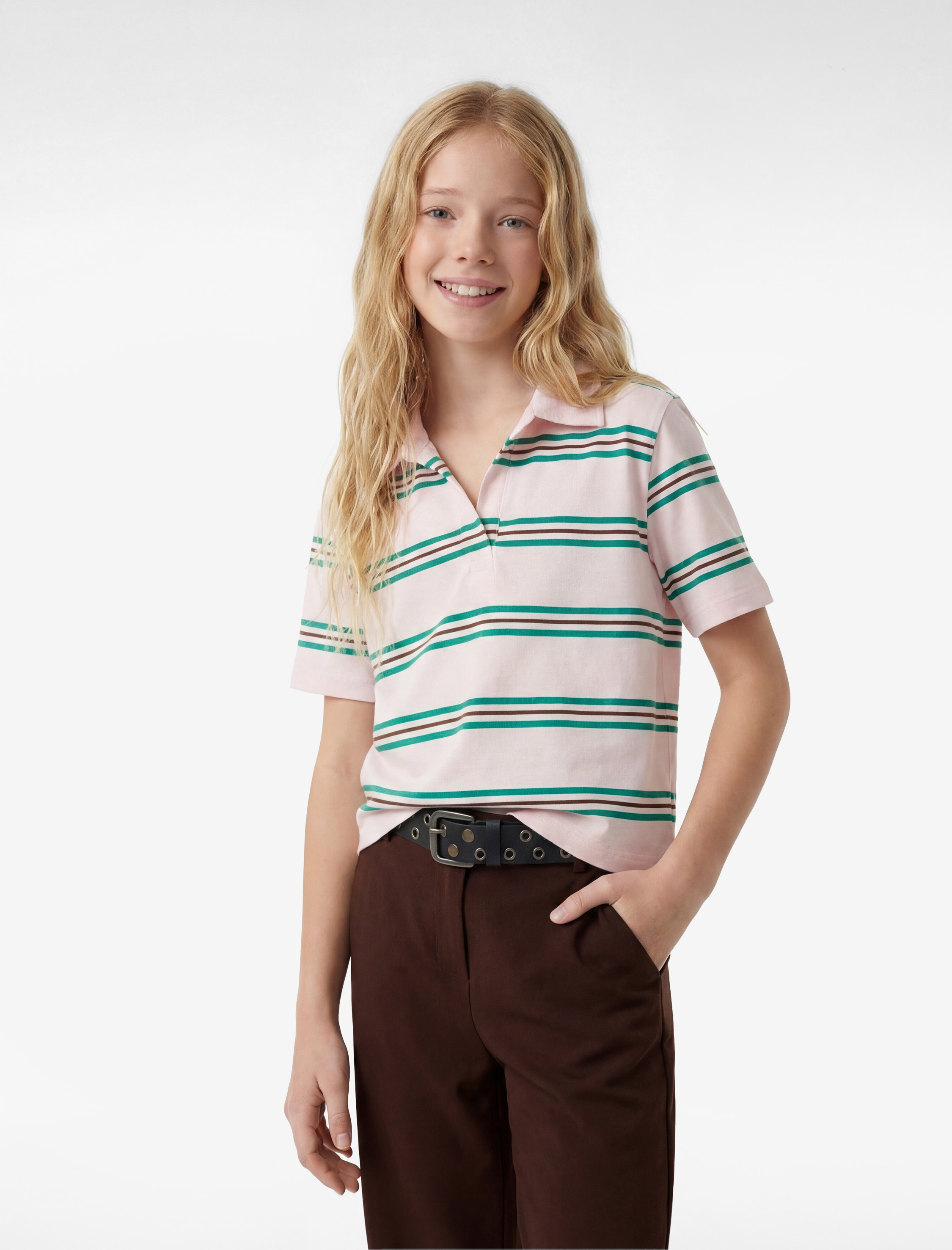  Kız Çocuk Pamuklu Slim Fit Kısa Kollu Crop Polo Yaka Çizgili Tişört