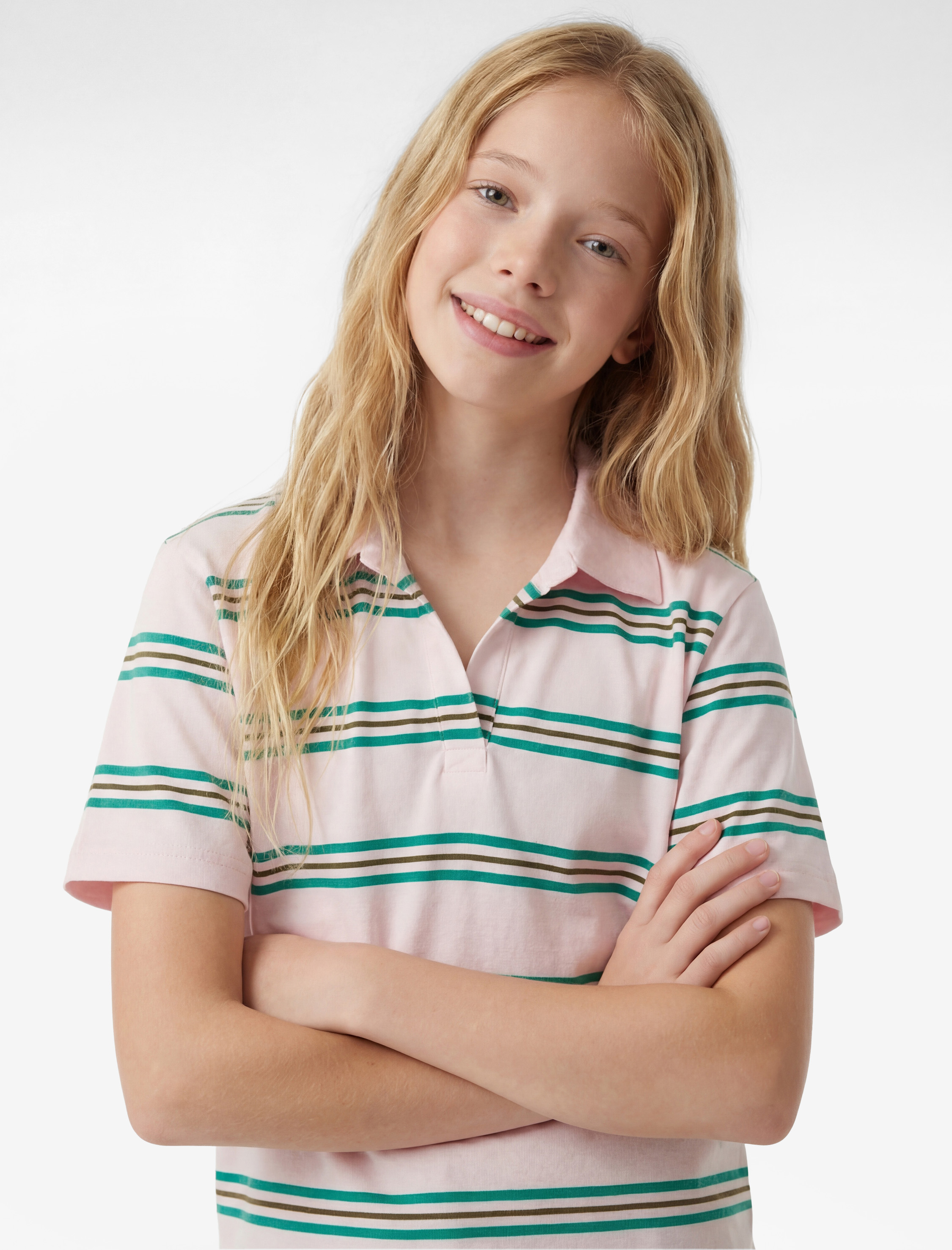 Kız Çocuk Pamuklu Slim Fit Kısa Kollu Crop Polo Yaka Çizgili Tişört
