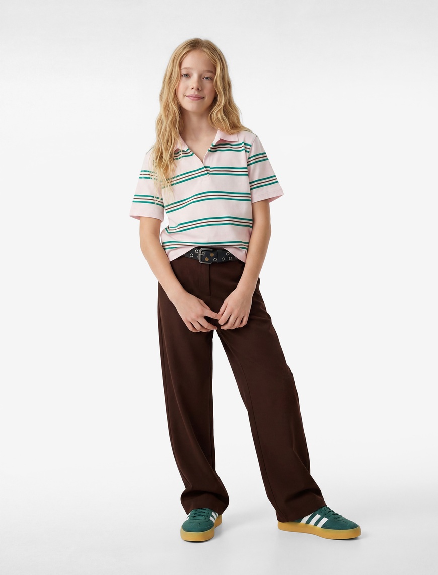 Koton Pamuklu Slim Fit Kısa Kollu Crop Polo Yaka Çizgili T-Shirt